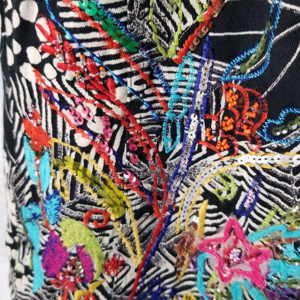 LAURA ASHLEY Ribbon Sequin Accents Leaf Design Denim Jacket Black Small ~ 4450 - Picture 3 of 8